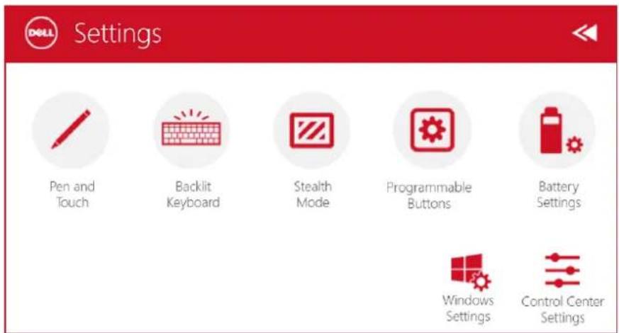 Settings Pen and Touch Backlit Keyboard Stealth Mode Programmable Buttons Battery Settings Windows Settings Control Center Settings