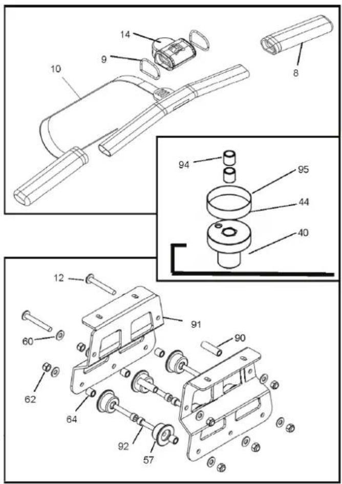 Technical diagram of a mechanical assembly with numbered parts and exploded views, likely for assembly or manufacturing purposes.