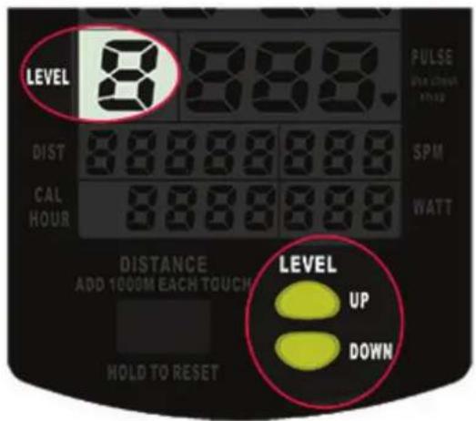 LEVEL 8 DIST 888888888 CAL 88888888 HOUR 88888888 PULSE Use check stop SPM WATT DISTANCE ADD 1000M EACH TOUCH LEVEL UP DOWN HOLD TO RESET