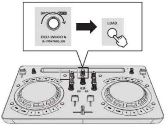 PIONEER DDJ-WEGO4-W - Tournez le sélecteur rotatif pour sélectionner un morceau dans le dossier, puis appuyez sur la touche [LOAD] de la platine 1 (à gauche). - 1