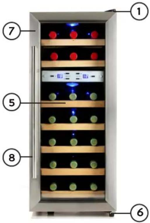 Labeled diagram of a refrigerator interior showing numbered compartments with red and green lights and control panel