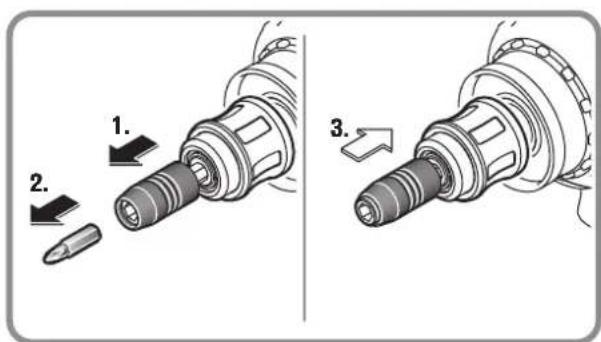 Technical diagram showing three-step assembly of a mechanical component with labeled parts and directional arrows