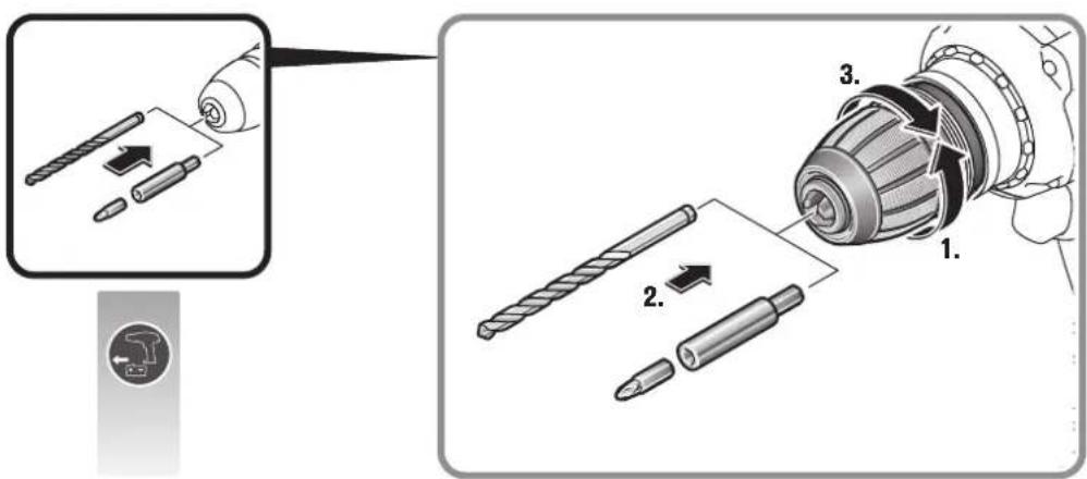 Diagram illustrating the step-by-step assembly of a drill bit, showing tool insertion and disassembly steps.
