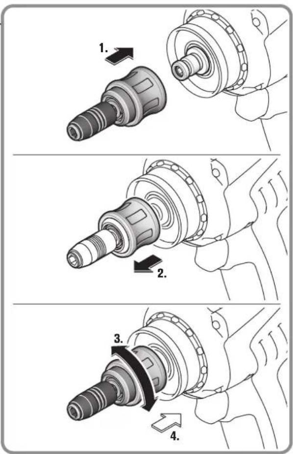 Technical diagram showing three-step assembly of a mechanical component with labeled parts and directional arrows.