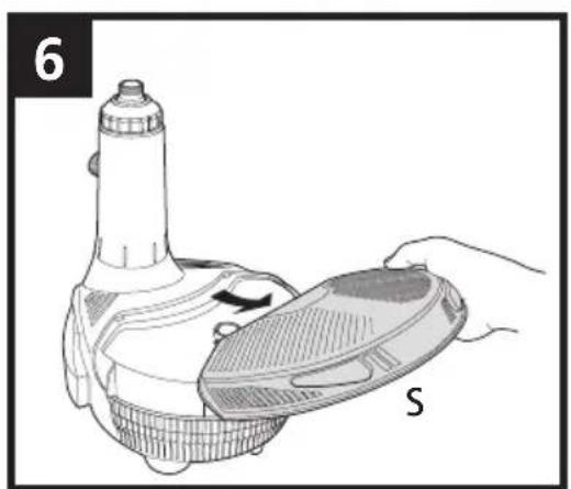 Illustration of a hand holding a device with a labeled part 'S' (no text or symbols on the device itself)