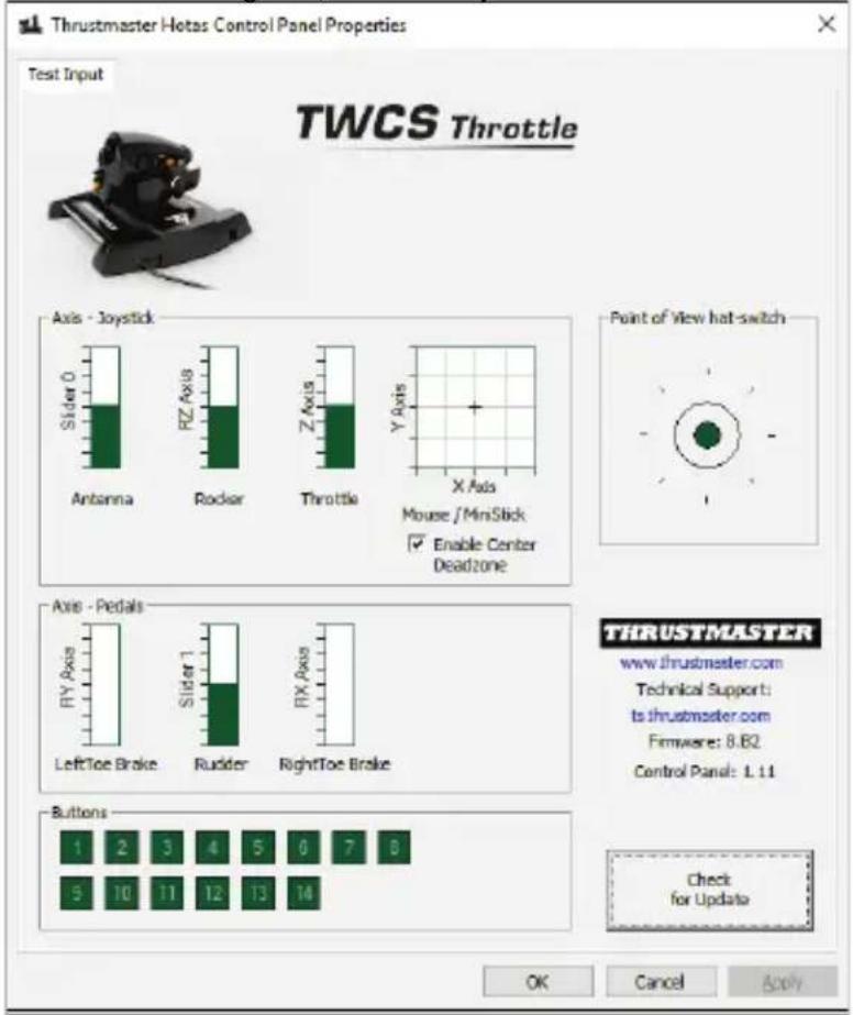 Thrustmaster HOTAS Control Panel Properties - Test Input - TWCS Throttle. Axis - Joystick: Slider 0, Antenna, FZZ Axis, Rocker, Z Axis, Throttle, Y Axis, X Axis, Mouse / MiniStick. Enable Center, Deadzone, Point of View hot-switch. Axis - Pedals: Fly Axis, LeftToe Brake, Slider 1, Rudder, RightToe B…