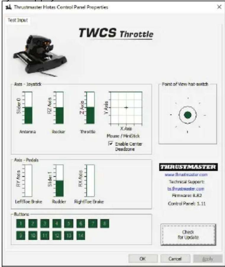 Ιδιότητες Πίνακα Ελέγχου Thrustmaster Hotas Δοκιμή Εισόδου TWCS Throttle Άξονας - Joystick Ρυθμιστικό 0 Κεραία Άξονας RZ Rocker Γκάζι Άξονας Z Άξονας Y Άξονας X Ποντίκι / MiniStick Ενεργοποίηση Κέντρου Νεκρή Ζώνη Σταυρός κατεύθυνσης (Point of View hat-switch) Άξονας - Πεντάλ Άξονας RY Αριστερό Πεντά…