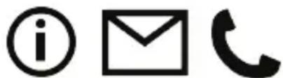 Three black icons: a lowercase 'i' in a circle, an envelope symbol, and a telephone handset (no text or labels).
