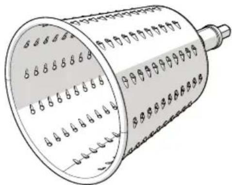 Diagram of a cylindrical mechanical component with evenly spaced holes and a threaded end, showing internal structure and outer ring pattern.