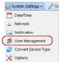 System Settings Date/Time Network Notification User Management Convert Device Type Options