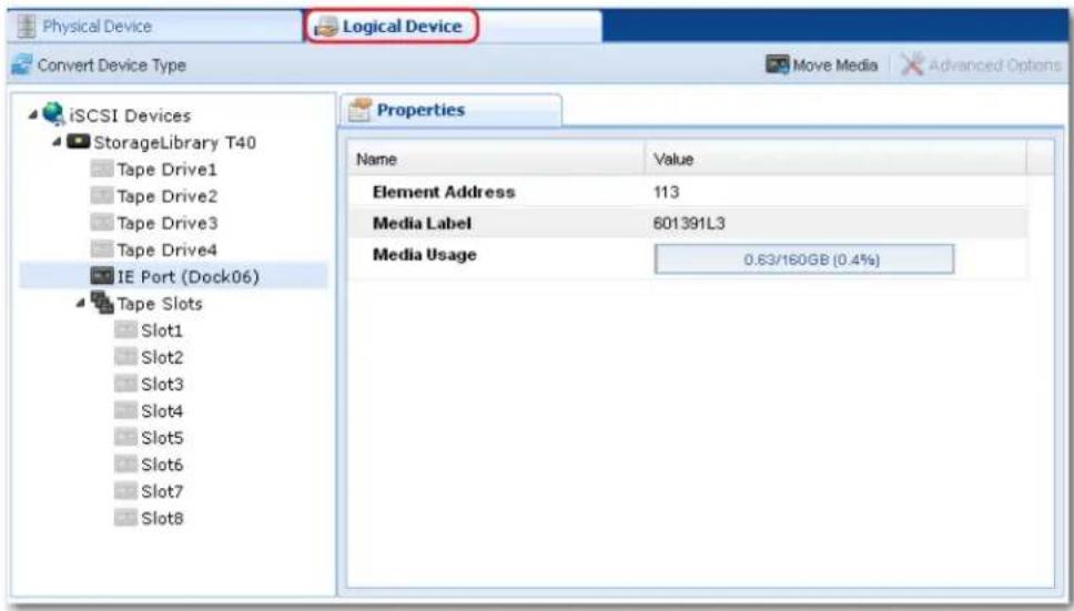 Physical Device Logical Device Convert Device Type Move Media Advanced Options iSCSI Devices StorageLibrary T40 Tape Drive1 Tape Drive2 Tape Drive3 Tape Drive4 IE Port (Dock06) Tape Slots Slot1 Slot2 Slot3 Slot4 Slot5 Slot6 Slot7 Slot8 Properties Name Value Element Address 113 Media Label 601391L3 Media Usage 0.63/160GB (0.4%)