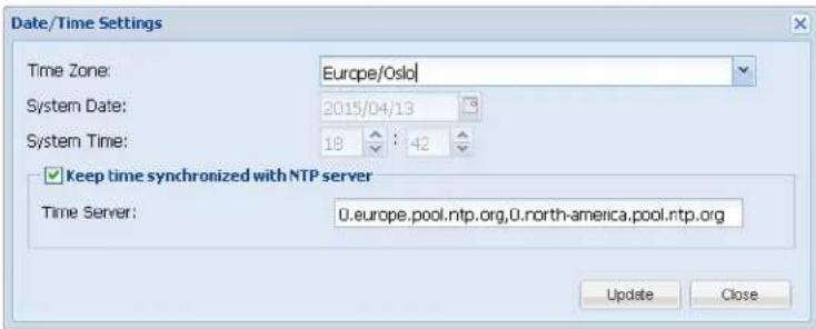 Date/Time Settings Time Zone: Europe/Oslo System Date: 2015/04/13 System Time: 18 : 42 ✓ Keep time synchronized with NTP server Time Server: U.europe.pool.ntp.org,U.north-america.pool.ntp.org Update Close
