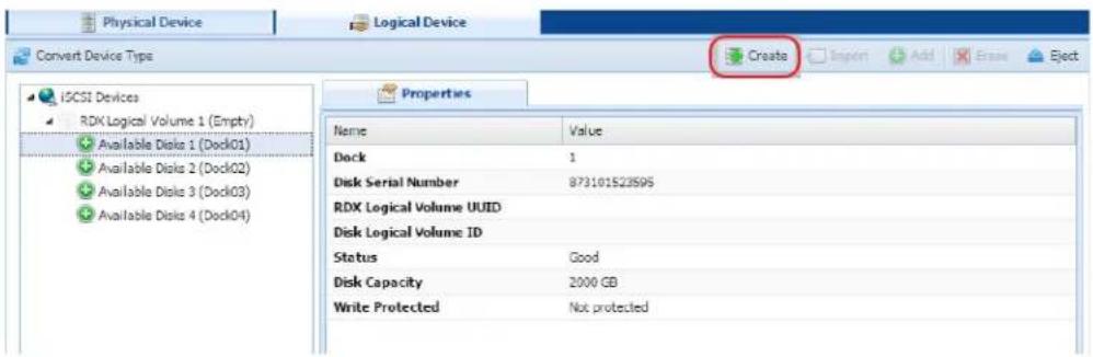 Physical Device Logical Device Convert Device Type IGCSI Devices RDX Logical Volume 1 (Empty) Available Disk 1 (Dock01) Available Disk 2 (Dock02) Available Disk 3 (Dock03) Available Disk 4 (Dock04) Properties Name Value Dock 1 Disk Serial Number 873101523595 RDX Logical Volume UUID Disk Logical Volume ID Status Good Disk Capacity 2000 GB Write Protected Not protected