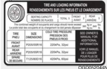 TIRE AND LOADING INFORMATION RENSEGNEMENTS SUR LES PNEUS ET LE CHARGEMENT SEATING CAPACITY NOMBRE DE PLACES TOTAL 5 FRONT AURANT 2 REAR ARRIÈRE 3 The combined weight of occupants and cargo should never exceed 365 kg or 840 lbs. La poûche total des occupants et du chargement ne doit jamais dépasser 40 kg b: SEE OWNER'S MANUAL FOR ADDITIONAL INFORMATION VOR LE MANUEL DE L'USAGER POUR PLUS DE RENSEGNEMENTS TIRE PNEU SIZE DIMENSIONS COLD TIRE PRESSURE PRESSION DES PNEUS À FROID FRONT AVANT P205/55R16 220kPa, 32psi REAR ARRIÈRE P205/55R16 220kPa, 32psi SPARE DE SEOURS T125/80D16 420kPa, 60psi OGD052044N