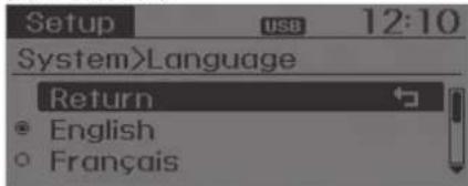 Setup USB 12:10 System>Language Return English Français