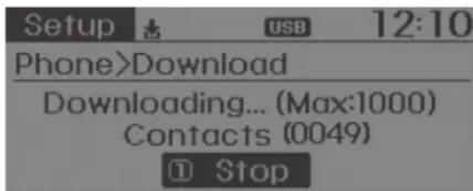 Setup USB 12:10 Phone>Download Downloading... (Max:1000) Contacts (0049) Stop