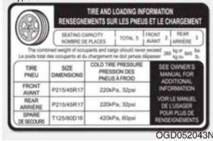 TIRE AND LOADING INFORMATION RENSEGNEMENTS SUR LES PNEUS ET LE CHARGEMENT SEATING CAPACITY NOMBRE DE PLACES TOTAL 5 FRONT AURANT 2 REAR ARRIÈRE 3 The combined weight of occupants and cargo should never exceed 285 kg or 840 lbs. Le poils total des occupants et du chargement ne doit penea dépasser RITÉ PNEU SIZE DIMENSIONS COLD TIRE PRESSURE PRESSION DES PNEUS A FROID SEE OWNER'S MANUAL FOR ADDITIONAL INFORMATION VOR LE MANUEL DE L'USAGER POUR PLUS DE RENSEGNEMENTS FRONT AVANT P215/45R17 220kPa, 32psi REAR ARRIÈRE P215/45R17 220kPa, 32psi SPARE DE SECOURS T125/80D16 420kPa, 60psi OGD052043N