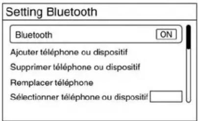 Setting Bluetooth Bluetooth ON Ajouter téléphone ou dispositif Supprimer téléphone ou dispositif Remplacer téléphone Sélectionner téléphone ou dispositif