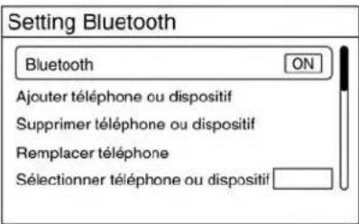 Setting Bluetooth Bluetooth ON Ajouter téléphone ou dispositif Supprimer téléphone ou dispositif Remplacer téléphone Sélectionner téléphone ou dispositif