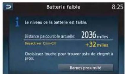 Batterie faible 8:25 Le niveau de la batterie est faible. Distance parcourable actuelle 2036 miles Desactiver Clim-CH +32 miles Choisissez touche pour trouver piste de chrgmt à prox. Bernes proximité