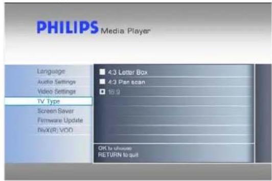 PHILIPS Media Player Language Audio Settings Video Settings TV Type Screen Saver Firmware Update DivX(R):VDD 4:3 Letter Box 4:3 Pan scan 18.9 OK to choose RETURN to quit