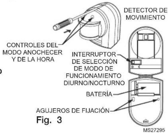 CONTROLES DEL MODO ANOCHECER Y DE LA HORA DETECTOR DE MOVIMIENTO INTERRUPTOR DE SELECCIÓN DE MODO DE FUNCIONAMIENTO DIURNO/NOCTURNO BATERÍA AGUJEROS DE FIJACIÓN MS27295 Fig. 3