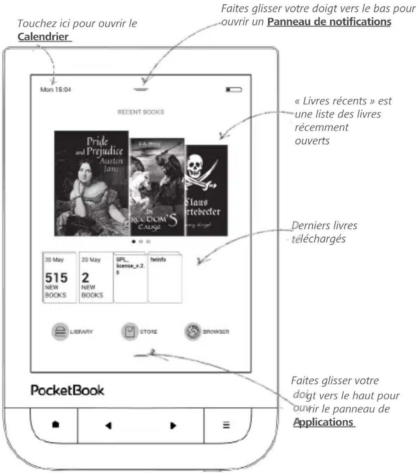 Touchez ici pour ouvrir le Calendrier Mon 15:04 Faites glisser votre doigt vers le bas pour ouvrir un Panneau de notifications RECENT BOOKS « Livres récents » est une liste des livres récemment ouverts Derniers livres téléchargés 20 May 515 NEW BOOKS 20 May 2 NEW BOOKS GPL_ license_v.2. 0 twinfo LIBRARY STORE BROWSER PocketBook Faites glisser votre doi gt vers le haut pour rir le panneau de Applications