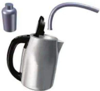 Exterior view of a silver and black water heater with a spray bottle attached (no text or symbols visible)