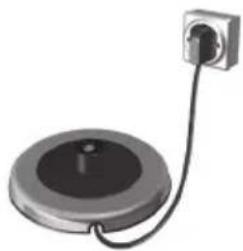 Simple diagram of a circular component connected to a wall-mounted electrical outlet (no text or symbols)