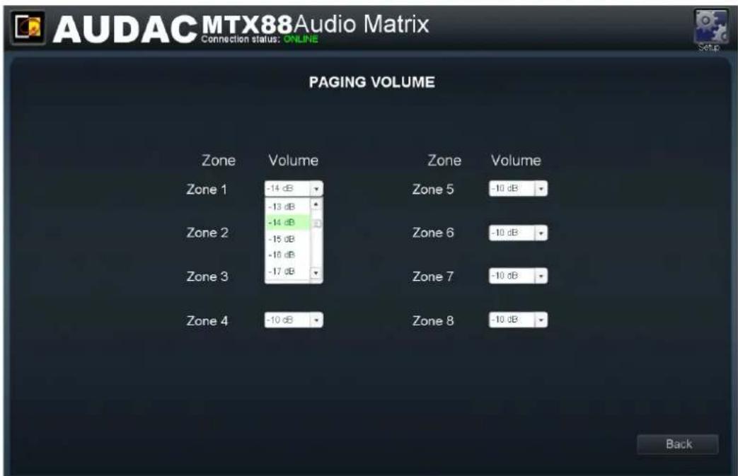 AUDAC MTX88Audio Matrix Connection status: ONLINE PAGING VOLUME Zone Volume Zone Volume Zone 1 -14 dB Zone 5 -10 dB -13 dB Zone 2 -14 dB Zone 6 -10 dB -15 dB Zone 3 -17 dB Zone 7 -10 dB Zone 4 -10 dB Zone 8 -10 dB Back