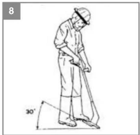 Line drawing of a worker using a tool to dig or walk, with a 30-degree angle marker (no text or symbols)
