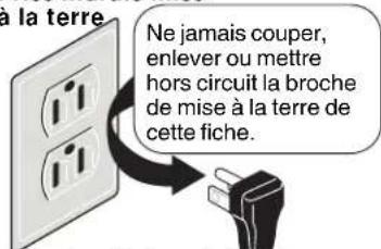 à la terre Ne jamais couper, enlever ou mettre hors circuit la broche de mise à la terre de cette fiche.