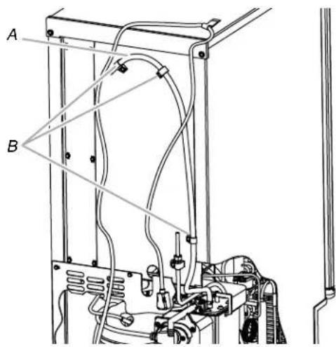 Technical diagram of a mechanical device with labeled components A and B, showing wiring, springs, and tubing.