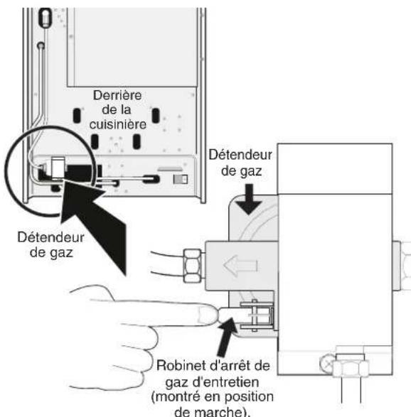 Derrière de la cuisinière Détendeur de gaz Détendeur de gaz Robinet d'arrêt de gaz d'entretien (montré en position de marche).