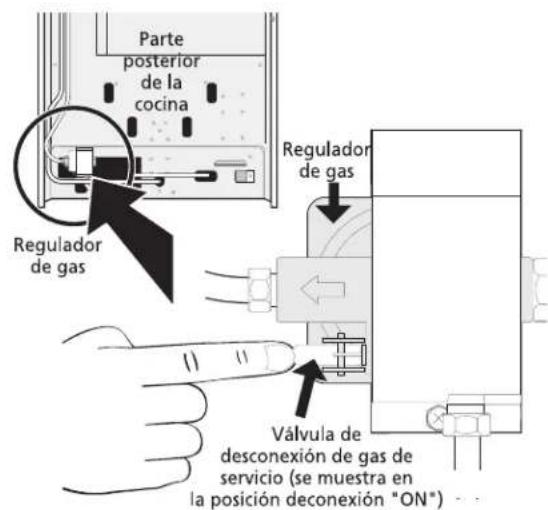 Parte posterior de la cocina Regulador de gas Regulador de gas Válvula de desconexión de gas de servicio (se muestra en la posición deconexión "ON")