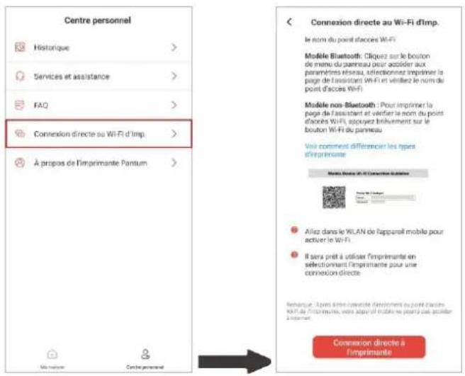 Centre personnel Histoïque > Services et assistance > FAQ > Connexion directe au Wi-Fi d'imp. > À propos de l'imprimante Pantum > Mie pâtier Centre personnel Connexion directe au Wi-Fi d'imp. le nom du point d'accies Wi-Fi Modèle Bluetooth: Cliquez sur le bouton de menu du panneau pour accider aux paramètres réseau, sélectionnez imprimer la page de l'assistant Wi-Fi en vérifiez le nom du point d'accies Wi-Fi Modèle non-Bluetooth : Pour imprimer la page de l'assistant et vérifier le nom du point d'accies Wi-Fi, appuyez finlément sur le bouton Wi-Fi du panneau Visa comment différancier les types d'imprimante Modèle Bluetooth Wi-Fi Connection Solutions Allez dans le WLAN de l'appareil mobile pour activer le Wi-Fi Il sera prêt à utiliser l'imprimante en selectionnant l'imprimante pour une connexion directe. Remanque. Àpves d'être connecte dendrêchents ou point d'accies KAN de l'imprimante, votre appuit mobile ne point des accider à internet! Connexion directe à l'imprimante