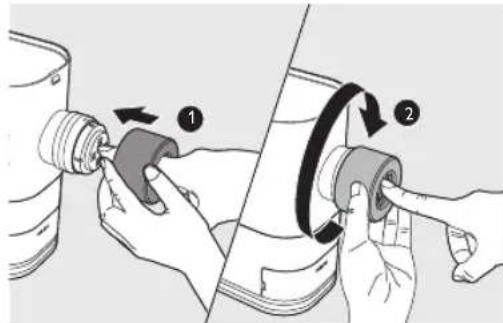 Diagram illustrating two steps of a mechanical assembly or repair process, labeled 1 and 2, showing hand positioning and component alignment.