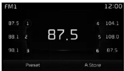 FM1 87.5 1 88.1 2 98.1 3 87.5 4 104.1 5 108.0 6 87.5 Preset A.Store