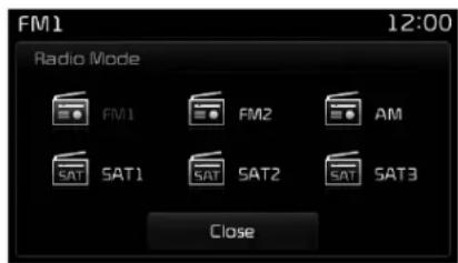 FM1 12:00 Radio Mode FM1 FM2 AM SAT1 SAT2 SAT3 Close
