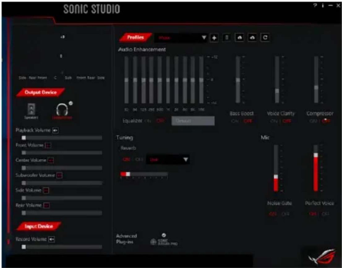 SONIC STUDIO Profiles Music Audio Enhancement -12 82 94 123 295 500 76 98 161 26 46 66 106 Equalizer ON OFF Details Bass Boost ON OFF Voice Clarity ON OFF Compressor ON OFF Playback Volume Front Volume Center Volume Subwoofer Volume Side Volume Rear Volume Input Device Record Volume Tuning Rewerb ON ON Unit Advanced Plug-ins COMPUTER PROD Mix Noise Gate OFF OFF Perfect Voice OFF OFF OFF OFF