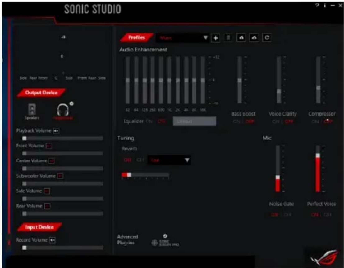 SONIC STUDIO Profiles Music Audio Enhancement +2 -1 -0 -1 -2 -3 -4 -5 -6 -7 -8 -9 -10 -11 -12 -13 -14 -15 -16 -17 -18 -19 -20 -21 -22 -23 -24 -25 -26 -27 -28 -29 -30 -31 -32 -33 -34 -35 -36 -37 -38 -39 -40 -41 -42 -43 -44 -45 -46 -47 -48 -49 -50 -51 -52 -53 -54 -55 -56 -57 -58 -59 -60 -61 -62 -63 -64 -65 -66 -67 -68 -69 -70 -71 -72 -73 -74 -75 -76 -77 -78 -79 -80 Audio Enhancement Equalizer ON OFF Lateral Bass Boost Voice Clarity Compressor ON OFF Tuning Reverb Off Off Last Mic Noise Gate Perfect Voice ON OFF Advanced Plug-ins NONE SELLING NO
