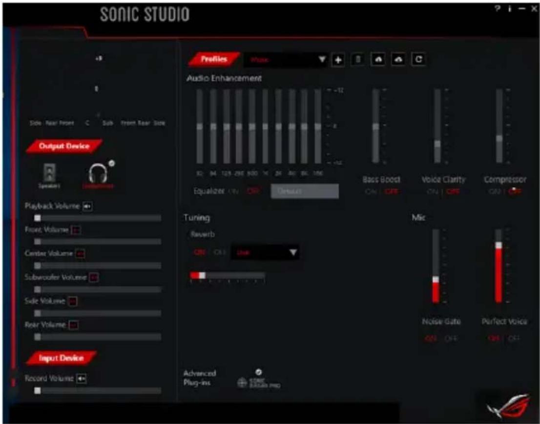 SONIC STUDIO Profiles Music Audio Enhancement -12 82 94 123 296 500 76 98 100 Equalizer ON OFF Details Bass Boost ON OFF Voice Clarity ON OFF Compressor ON OFF Playback Volume Front Volume Center Volume Subwoofer Volume Side Volume Rear Volume Input Device Record Volume Tuning Rewerb ON ON Line Advanced Plug-ins COMPUTER PROD Mix Noise Gate OFF OFF Perfect Voice OFF OFF