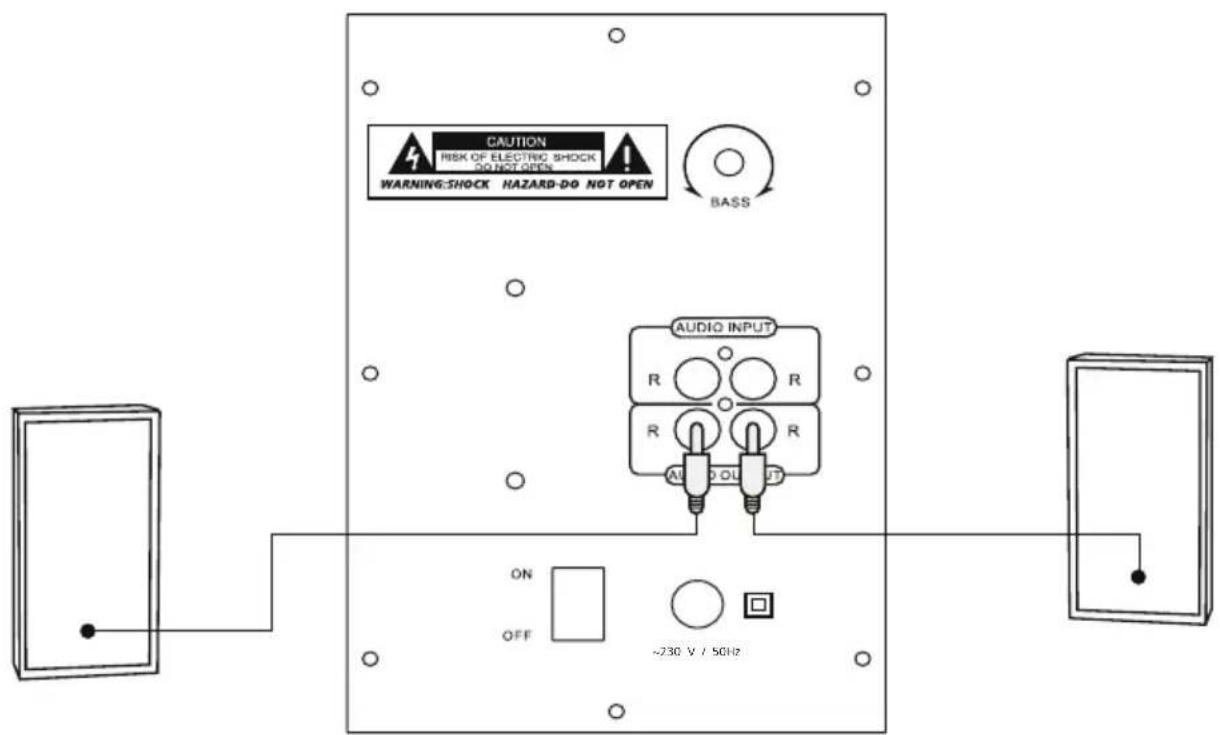CAUTION RISK OF ELECTRIC SHOCK DO NOT OPEN WARNING:SHOCK HAZARD-DO NOT OPEN BASS AUDIO INPUT R R R R A U D O L U T ON OFF ~230 V / 50Hz