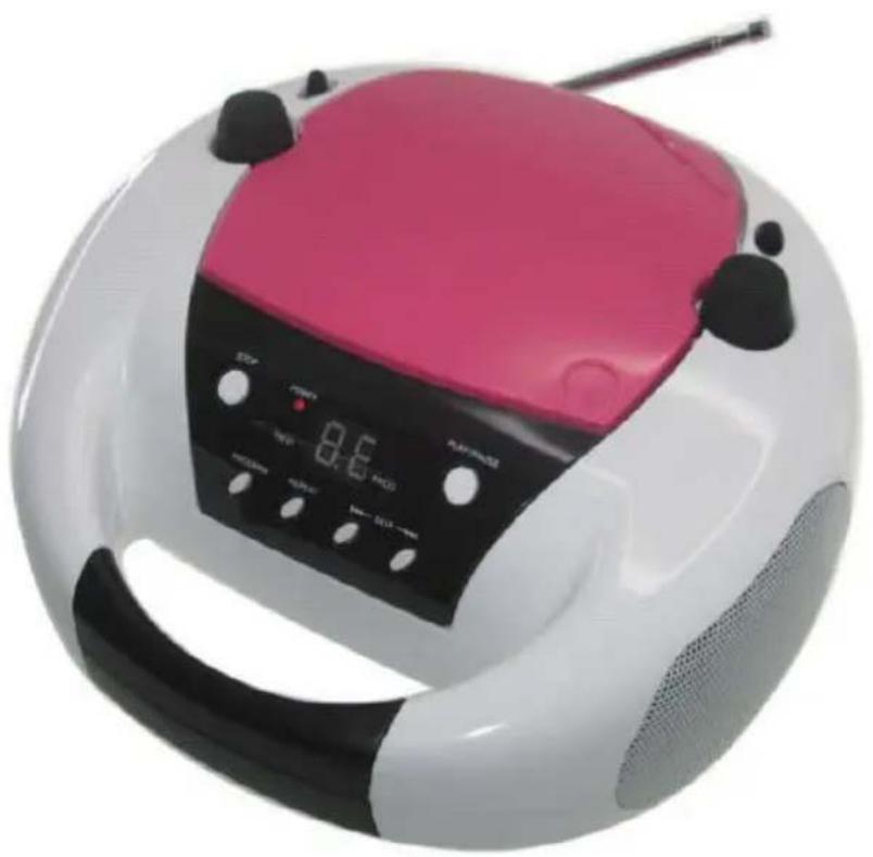 White and pink portable radio with black buttons and a digital display (no visible text or symbols)