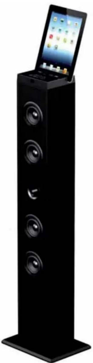 Black electronic device with five speakers and a tablet on top (no visible text or symbols)