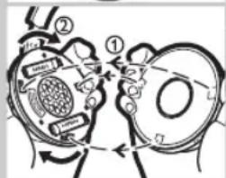 Diagram of a mechanical device with numbered components and directional arrows indicating motion or assembly.