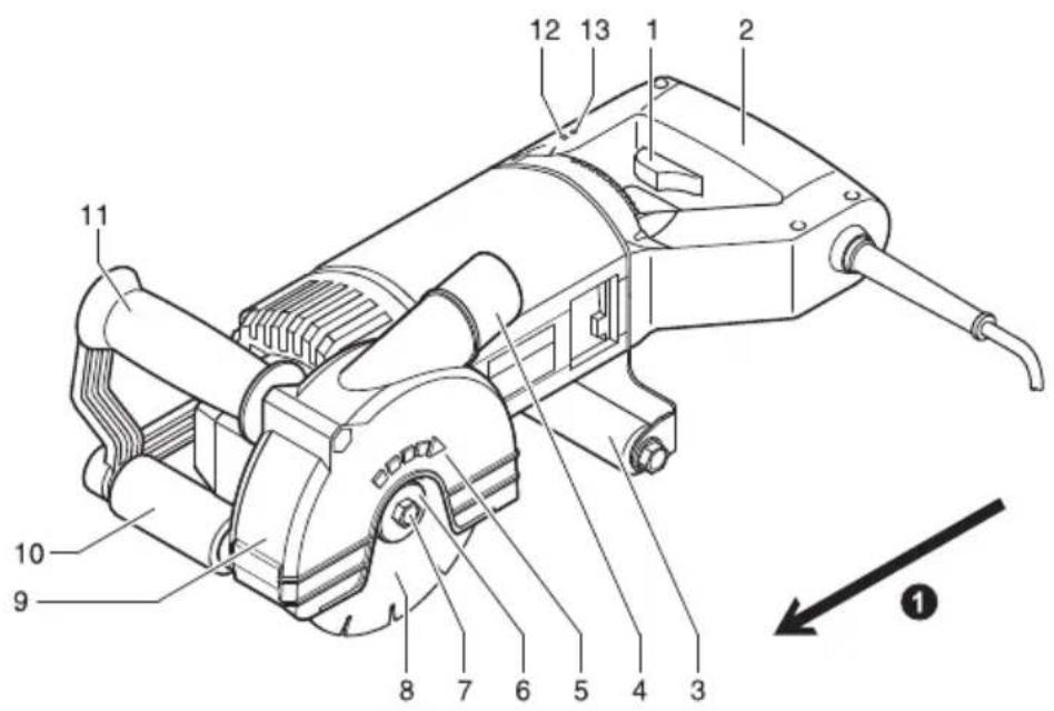 Technical diagram of a mechanical device with numbered components and an arrow indicating direction