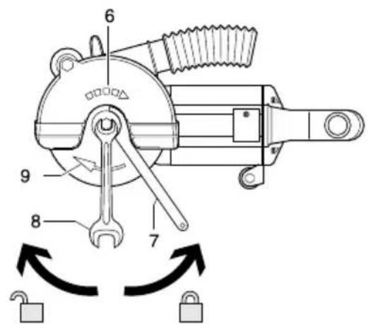 Technical diagram of a mechanical device with numbered parts and directional arrows indicating motion or assembly.