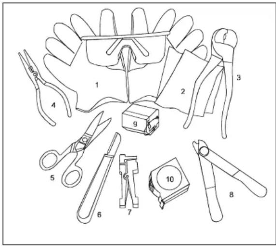 Technical diagram of various hand tools and clamps with numbered labels