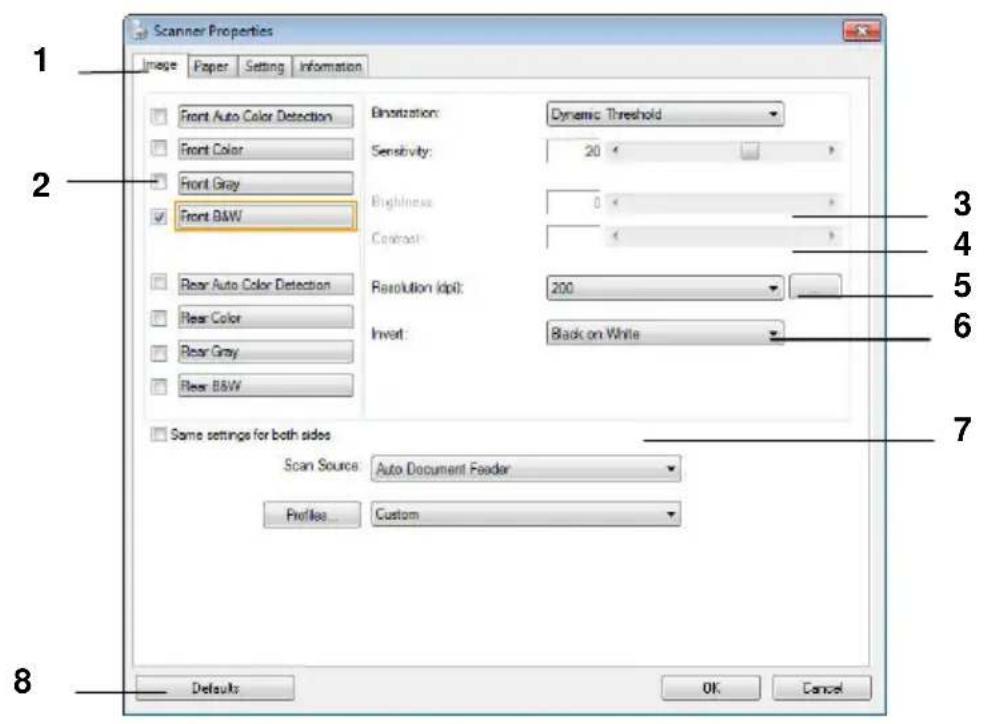 Scanner Properties Image Paper Setting Information Front Auto Color Detection Front Color Front Gray Front B&W Binatization: Dynamic Threshold Sensitivity: 20 Brightness: 0 Contrast: 1 Resolution (dpi): 200 Invar: Black on White Same settings for both sides Scan Source: Auto Document Feeder Profile…
